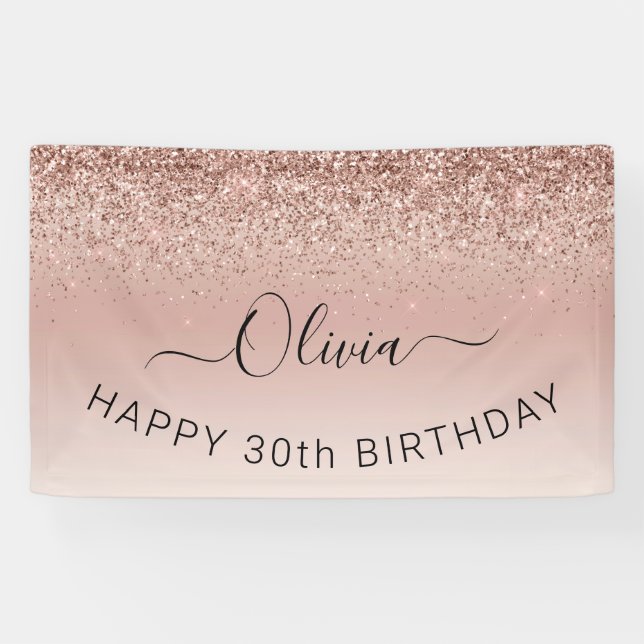 Birthday Blush Pink Rose Gold Glitter Girly Banner (Horizontal)