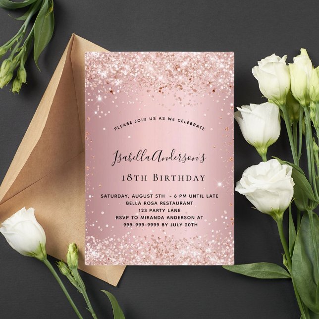 Birthday blush pink rose gold glitter invitation (Creator Uploaded)