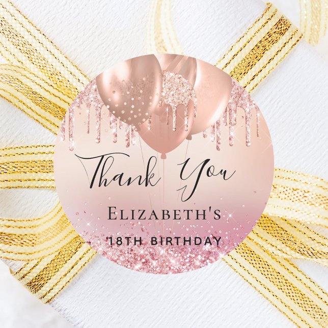 Birthday blush pink rose gold name balloons classic round sticker (Creator Uploaded)