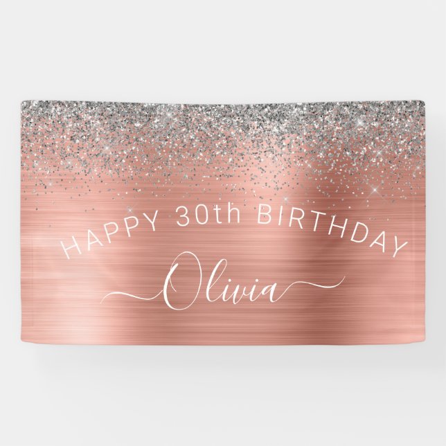 Birthday Blush Pink Rose Gold Silver Glitter Banner (Horizontal)