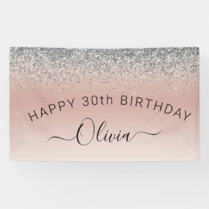 Birthday Blush Pink Rose Gold Silver Glitter Girly Banner