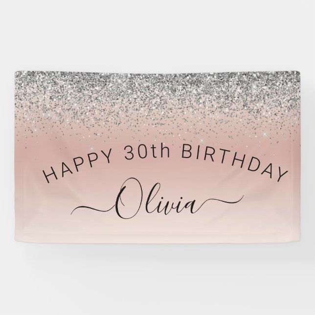Birthday Blush Pink Rose Gold Silver Glitter Girly Banner (Horizontal)