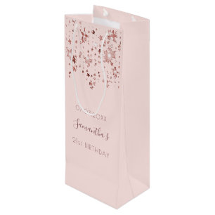 Birthday blush pink rose gold stars monogram wine gift bag