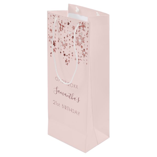 Birthday blush pink rose gold stars monogram wine gift bag (Back Angled)