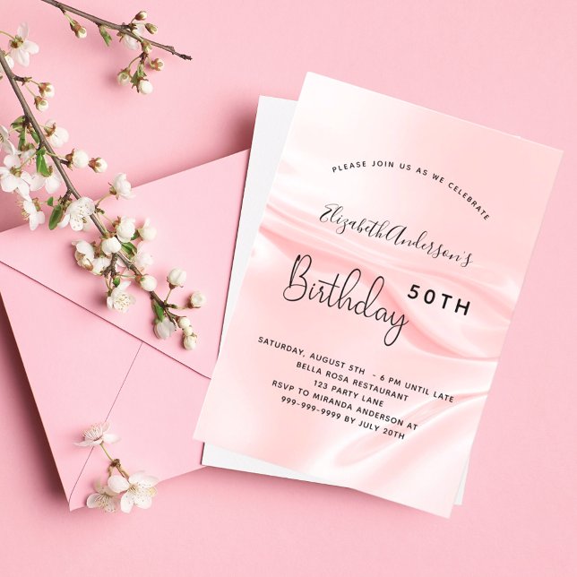 Birthday blush pink satin silk party invitation (Creator Uploaded)