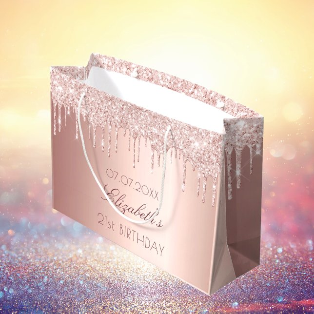 Birthday blush rose gold drips name large gift bag (Creator Uploaded)