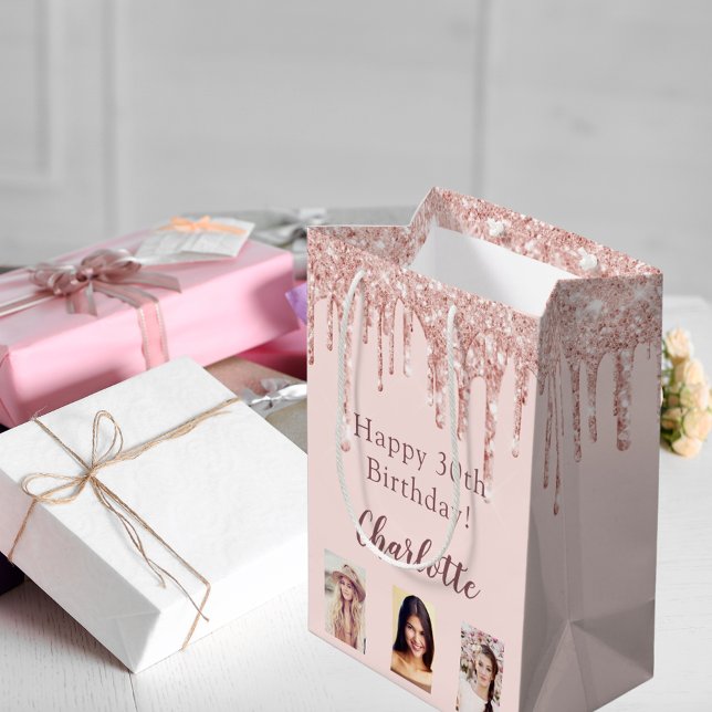Birthday blush rose gold glitter drips photo  medium gift bag (Creator Uploaded)