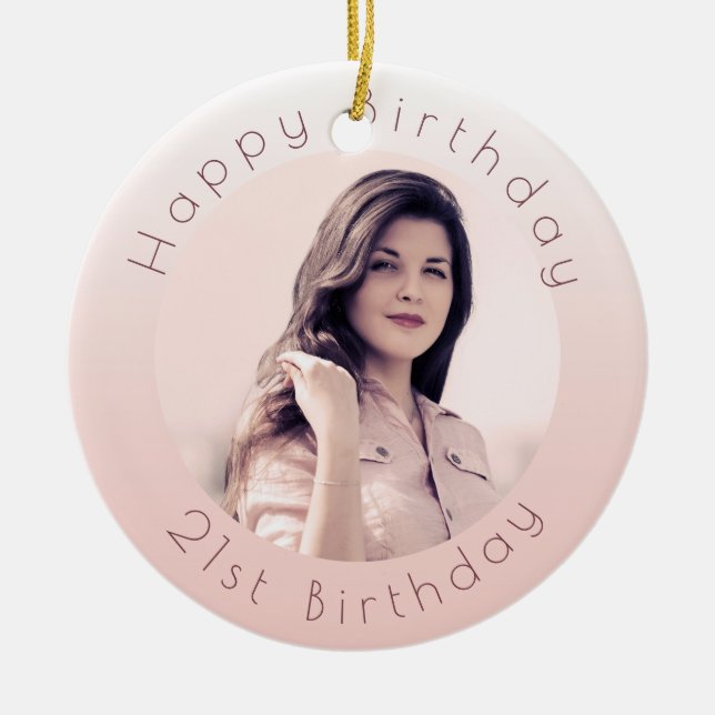 Birthday blush rose gold photo ceramic tree decoration (Front)