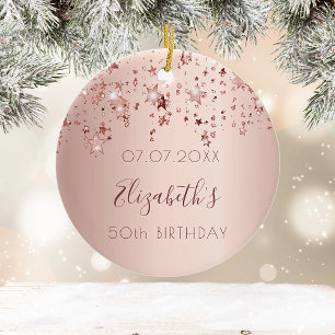 Birthday blush rose gold shiny stars glittery ceramic tree decoration