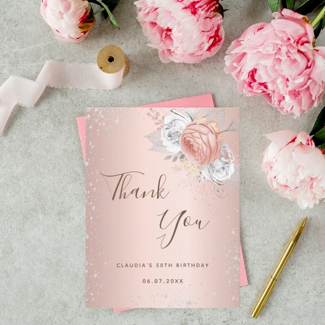 Birthday blush rose gold silver glitter floral thank you card (Creator Uploaded)
