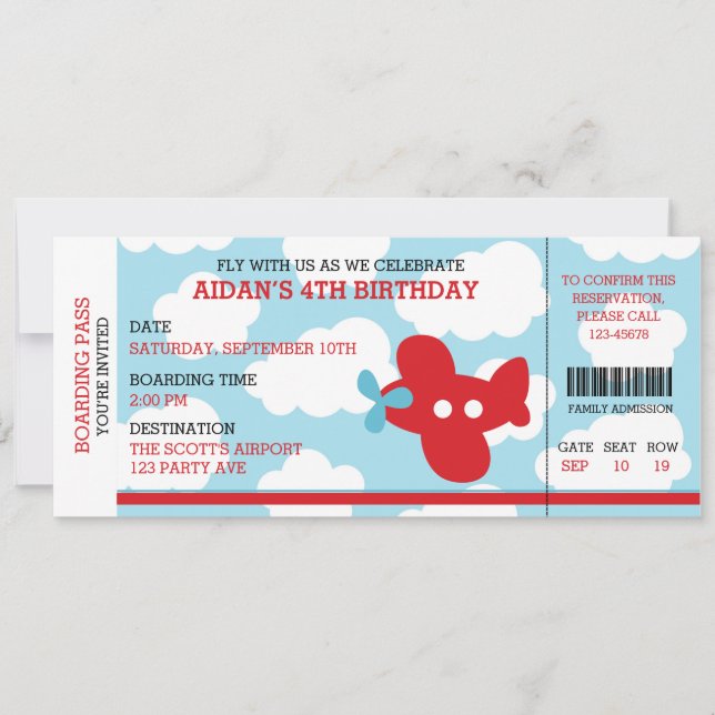 Birthday Boarding Pass Ticket (Red Blue) Aeroplane Invitation (Front)