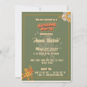 Birthday bohemian groovy style retro old look invitation