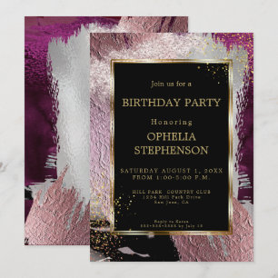 Birthday Bold Faux Metallic Cassis Brush Stroke Invitation