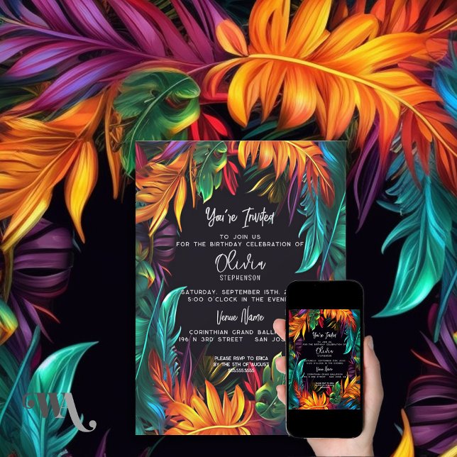 Birthday | Bold Neon Tropical Foliage Invitation (Creator Uploaded)