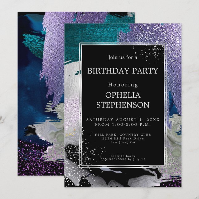 Birthday | Bold Violet Teal Brush Strokes Invitation (Front/Back)