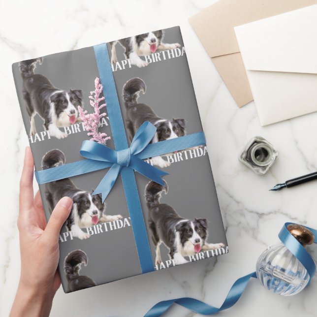 Birthday Border Collie on Grey Wrapping Paper (Gifting)