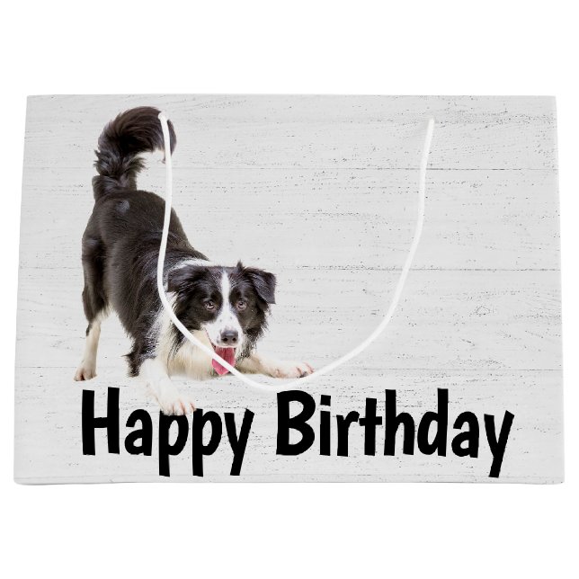 Birthday Border Collie on Wood Large Gift Bag (Front)