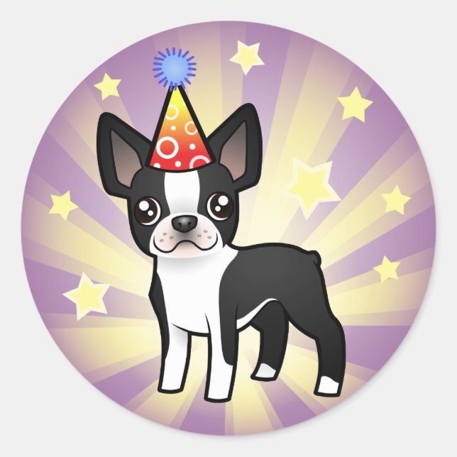 Birthday Boston Terrier Classic Round Sticker (Front)
