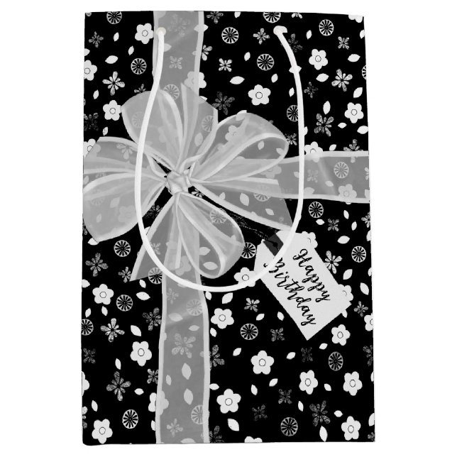 Birthday Bow On Floral Print Medium Gift Bag (Front)