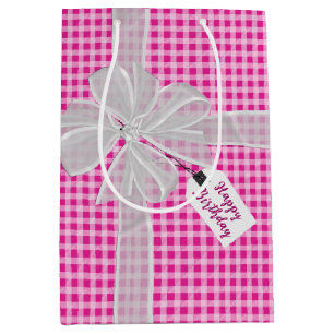 Birthday Bow On Gingham   Medium Gift Bag