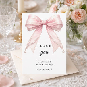 Birthday bow pink pearls elegant thank you card