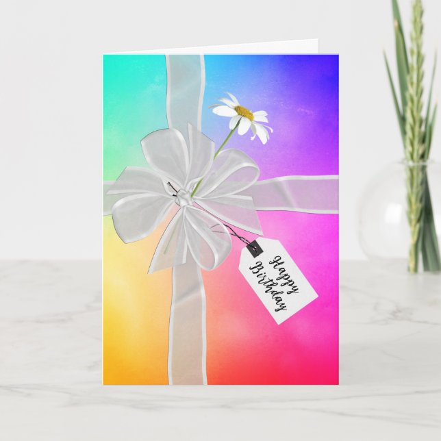Birthday Bow with Daisy On Rainbow Abstract  Card (Front)