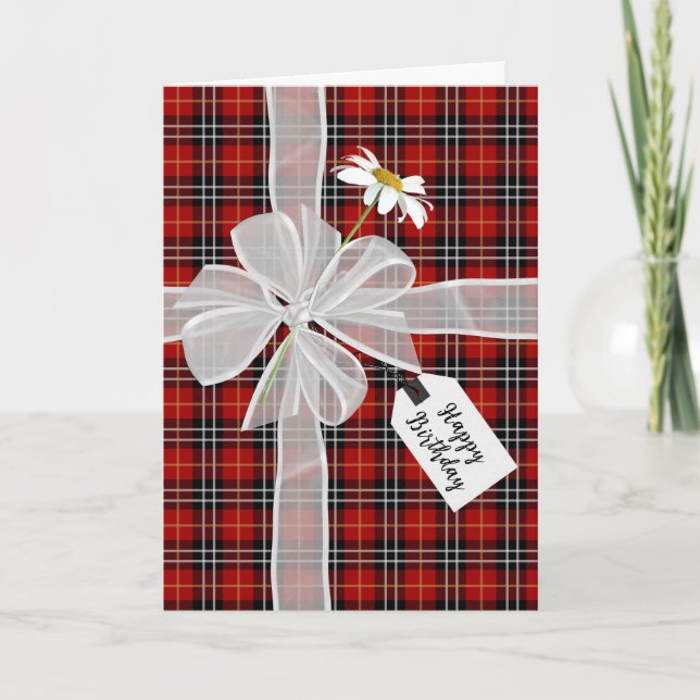 Birthday Bow with Daisy On Tartan Plaid   Card (Front)