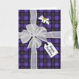 Birthday Bow with Daisy On Tartan Plaid   Card