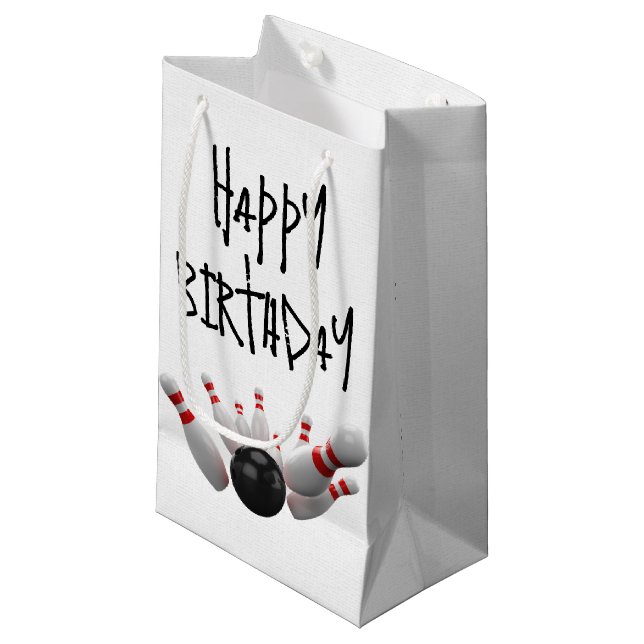 Birthday Bowling Strike On White Small Gift Bag (Front Angled)