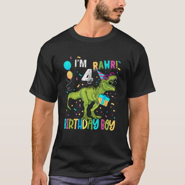Birthday Boy 4 Years Old 4th Cute Rex Family Dinos T-Shirt (Front)