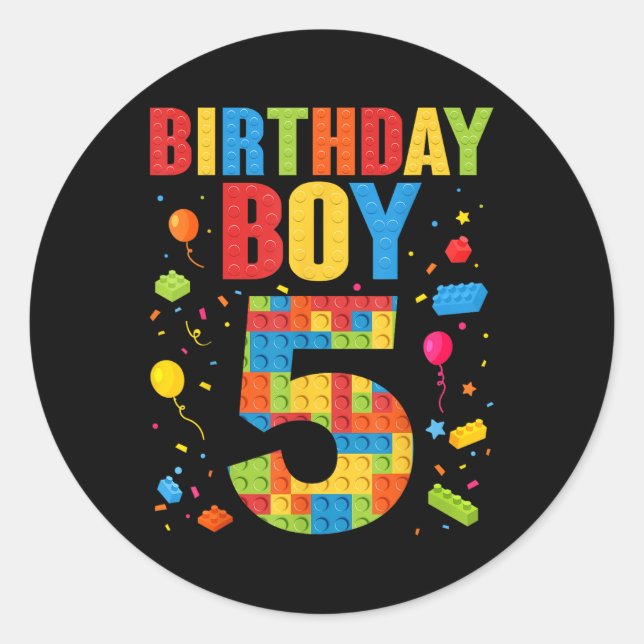 Birthday Boy 5 Year Old Building Blocks 5th Birthd Classic Round Sticker (Front)