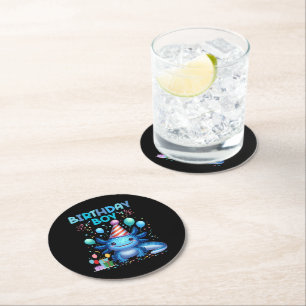 Birthday Boy Axolotl Vibes Cute Party Design Round Paper Coaster