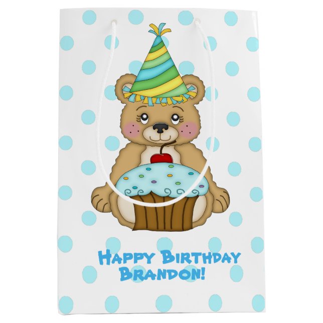 Birthday Boy Bear Personalised Medium Gift Bag (Front)