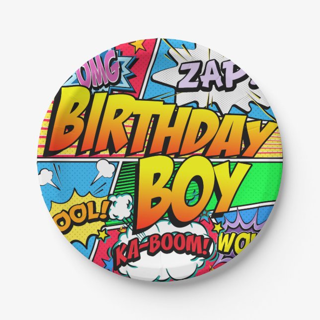 Birthday Boy Comic Book Party Paper Plate (Front)