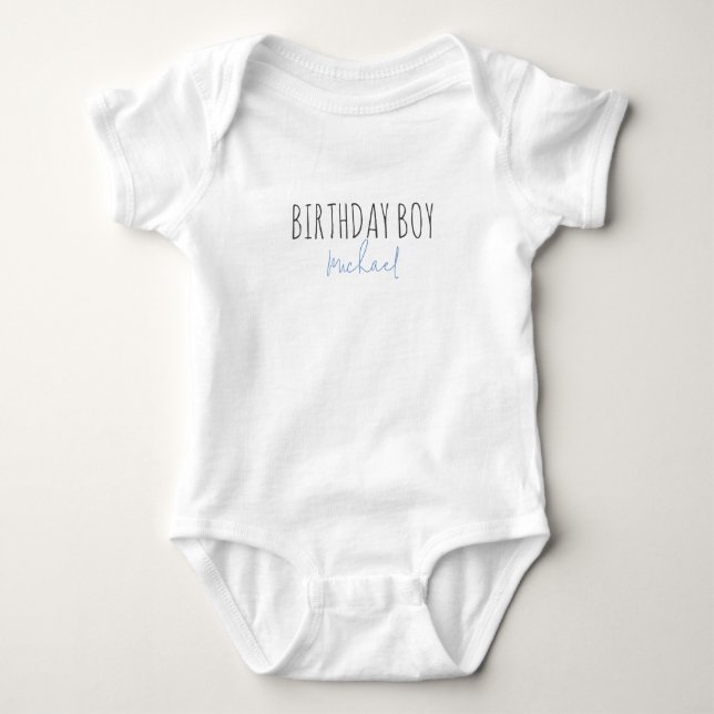 Birthday Boy Cute Blue Script Name First Birthday Baby Bodysuit (Front)