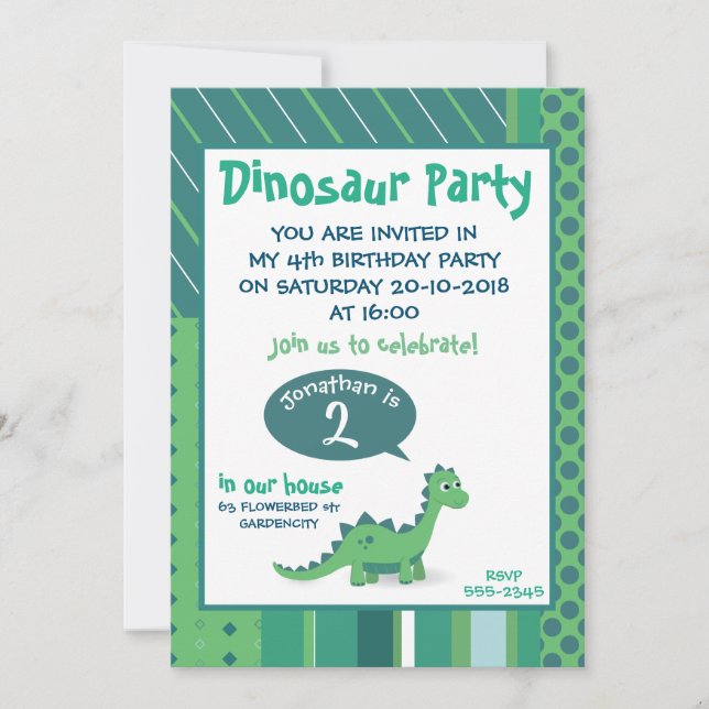 Birthday boy dinosaur blue green invitation (Front)