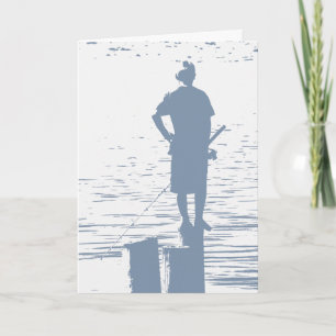 Birthday, boy fishing from stump. card