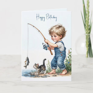Birthday Boy Fishing With Kitten Card