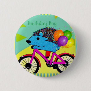 Birthday Boy Hedgehog Riding Bicycle Balloons 6 Cm Round Badge