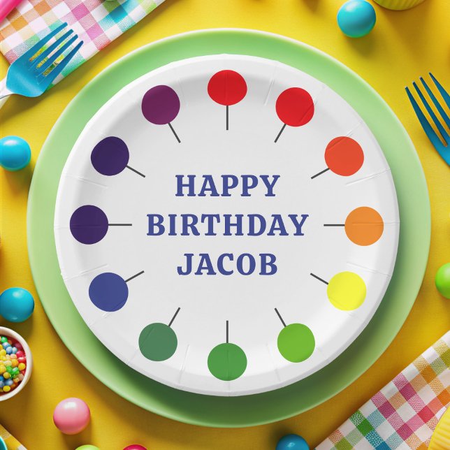 Birthday Boy Lollipop Colourful Kids Paper Plate (Happy Birthday! A fun lollipop edged paper plate with space for the Birthday Boy's Name (or girl))