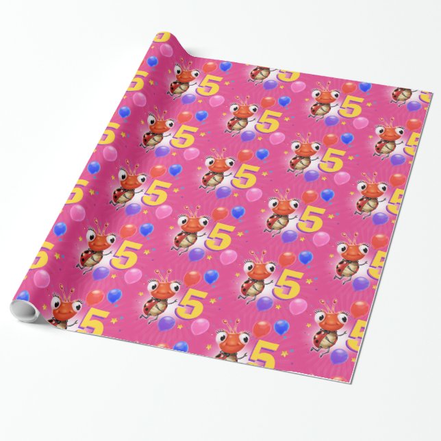 Birthday Boy or Girl age 5 Ladybug wrapping paper. Paper (Unrolled)