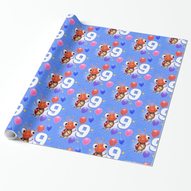 Birthday Boy or Girl age 9 Ladybug wrapping paper. Wrapping Paper (Unrolled)
