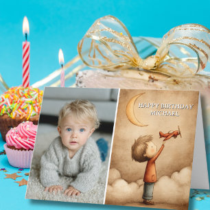 Birthday Boy Pilot Toy Aeroplane Moon Custom Photo Card