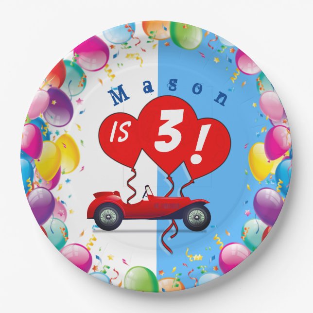 Birthday Boy Racecar and Balloons Paper Plate (Front)