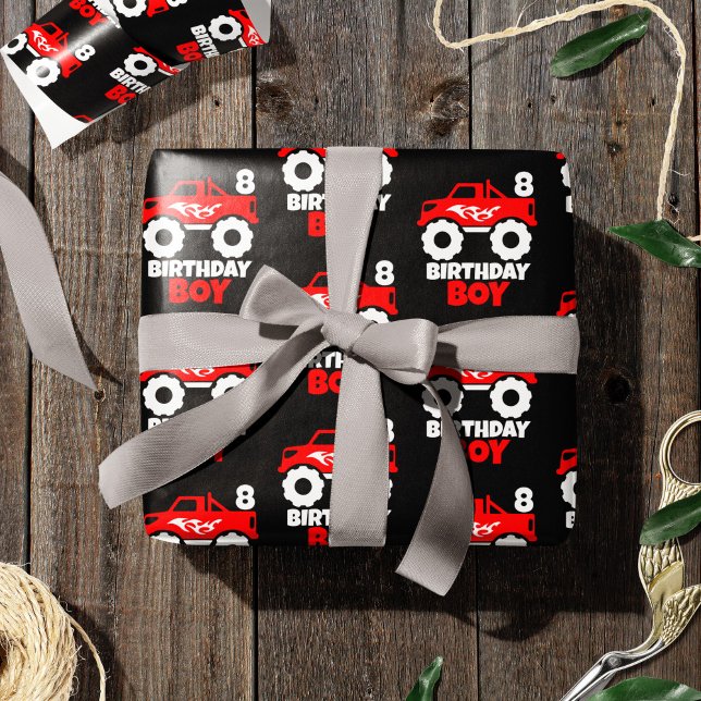 Birthday Boy Red Monster Truck with Age Black Wrapping Paper (Creator Uploaded)