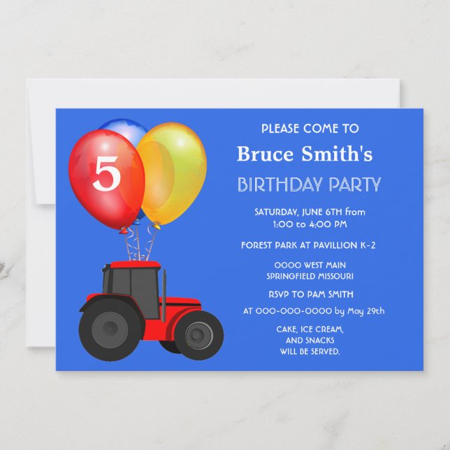 Birthday Boy Red Tractor and Balloons  Invitation (Front)