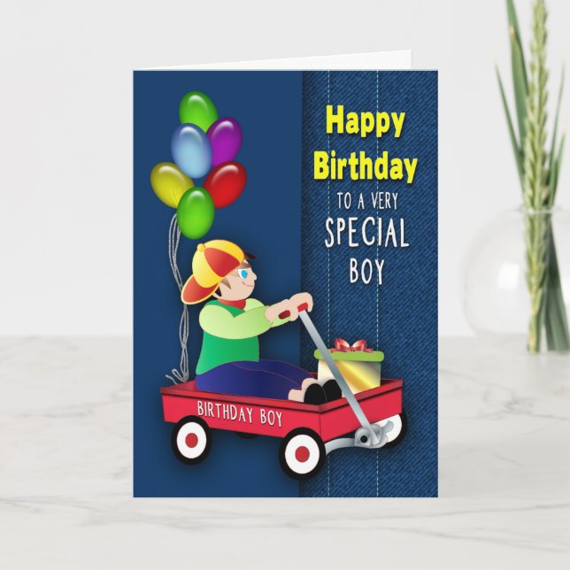 Birthday Boy Red Wagon and Balloons on Denim Card (Front)