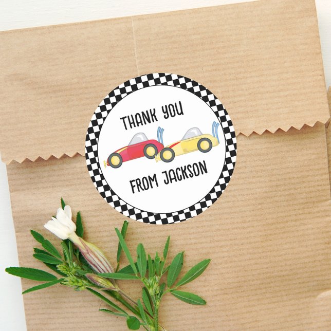 Birthday Boy Simple Race Car Whimsical Thank You Classic Round Sticker (Creator Uploaded)