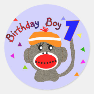 Birthday BOY Sock monkey 1 year old Classic Round Sticker