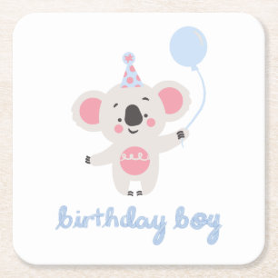 Birthday Boy Teddy Bear Holding A Balloon Square Paper Coaster